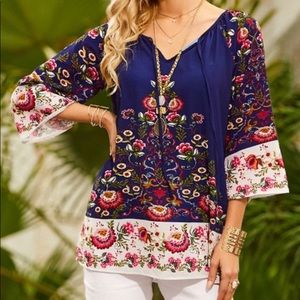 Navy & White Floral Contrast V-Neck Tunic